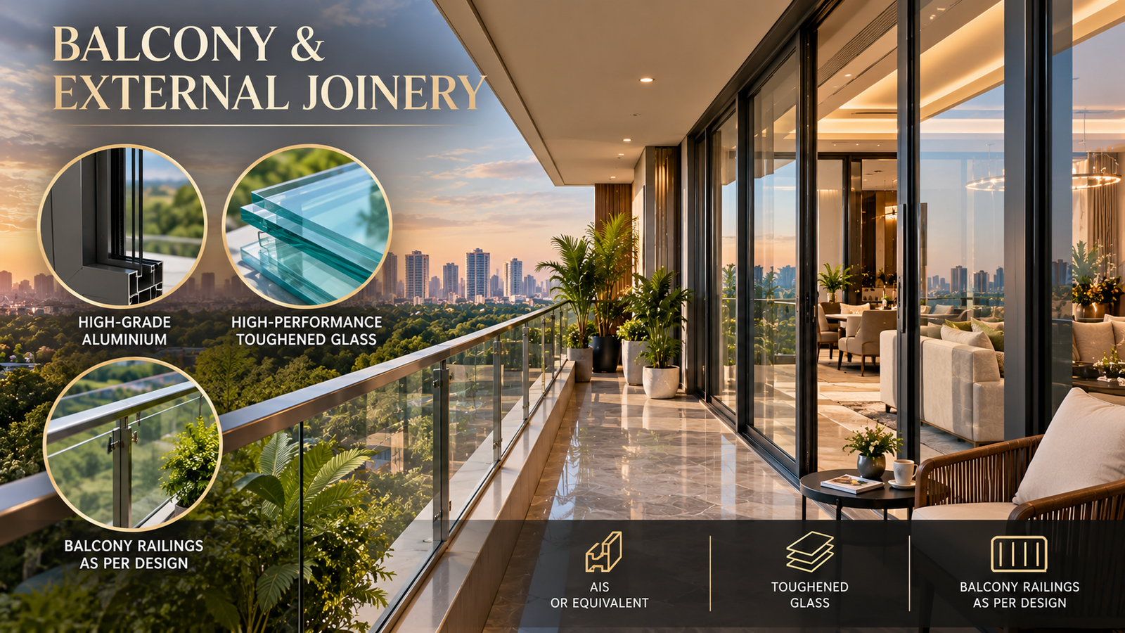 Promotional banner showing a luxury balcony with city skyline; highlights include high-grade aluminium, toughened glass, and balcony railings as designed