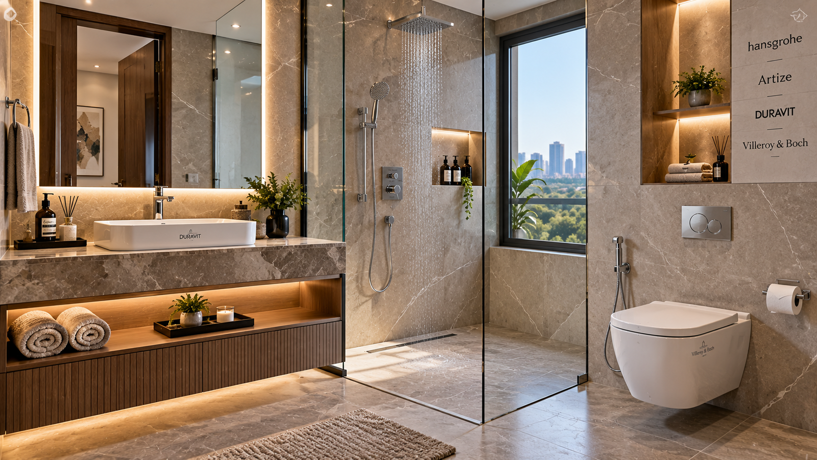 Luxurious marble bathroom with glass rainfall shower, wall-hung toilet, and a wide vanity; city skyline through the window.