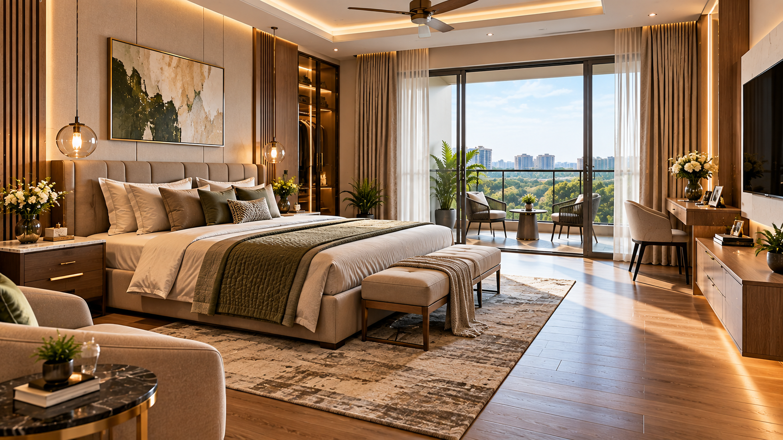 Luxurious hotel bedroom with a king bed, plush headboard, and a balcony view of city buildings and greenery outside.