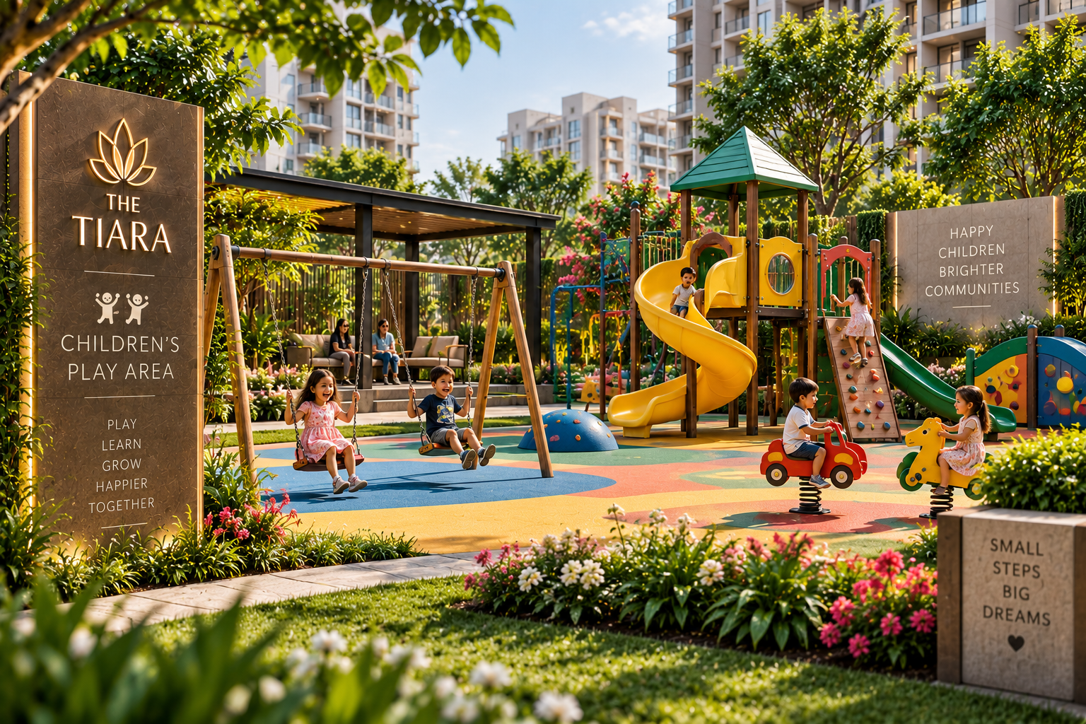 Children playing on swings and slides in a colorful outdoor playground beside a sign that reads 'The Tiara' Children's Play Area.