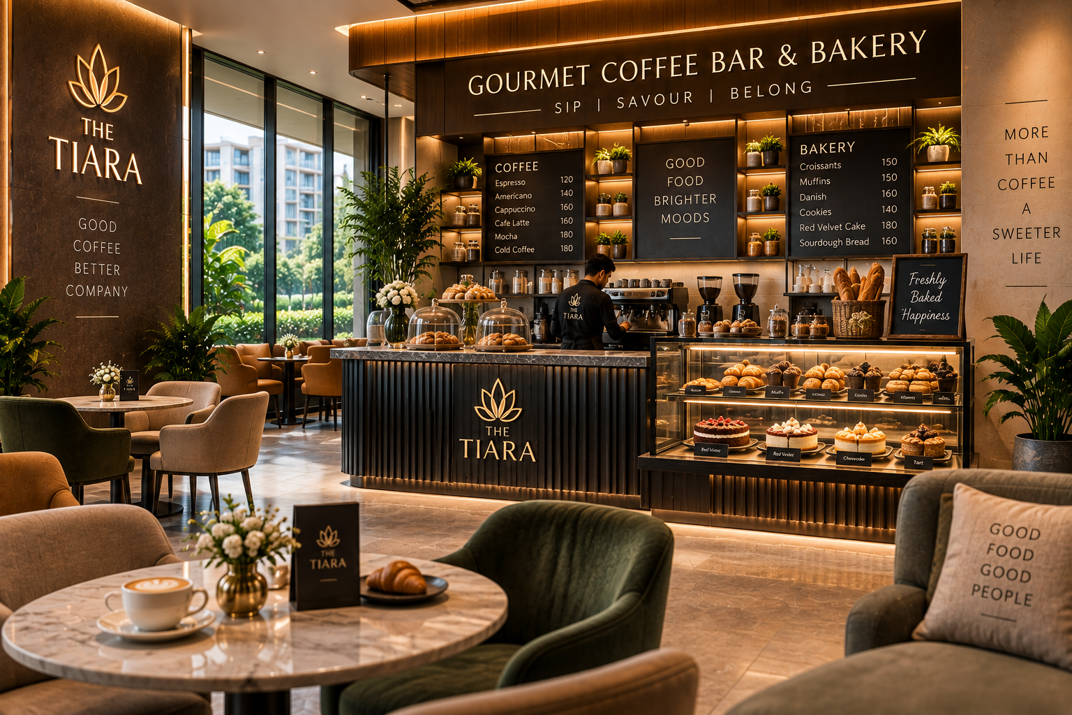 Coffee bar and bakery counter at The Tiara with pastries in a glass display and a barista preparing drinks.