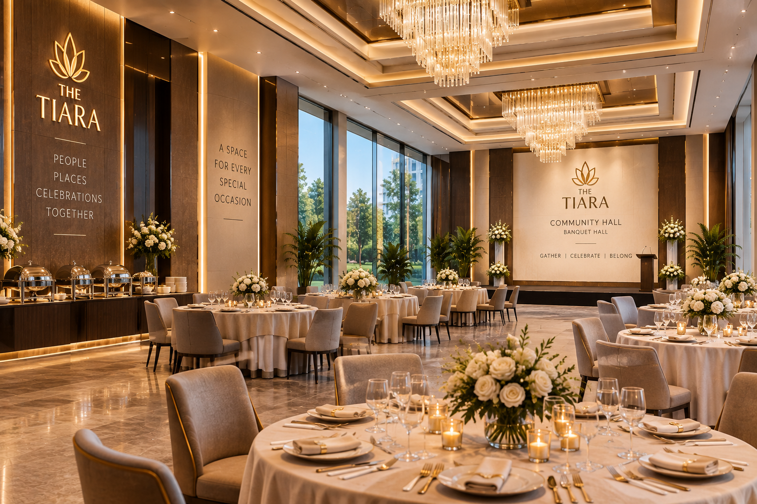 Elegant banquet hall set for a wedding or event, round tables with white linens and floral centerpieces, chandeliers overhead, large windows, and a stage with The Tiara signage.