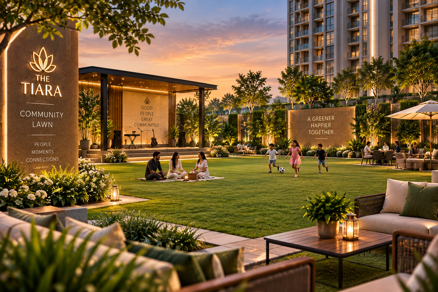 Sunset-lit community lawn at The Tiara with people picnicking, a small stage, and children playing soccer on the grass.