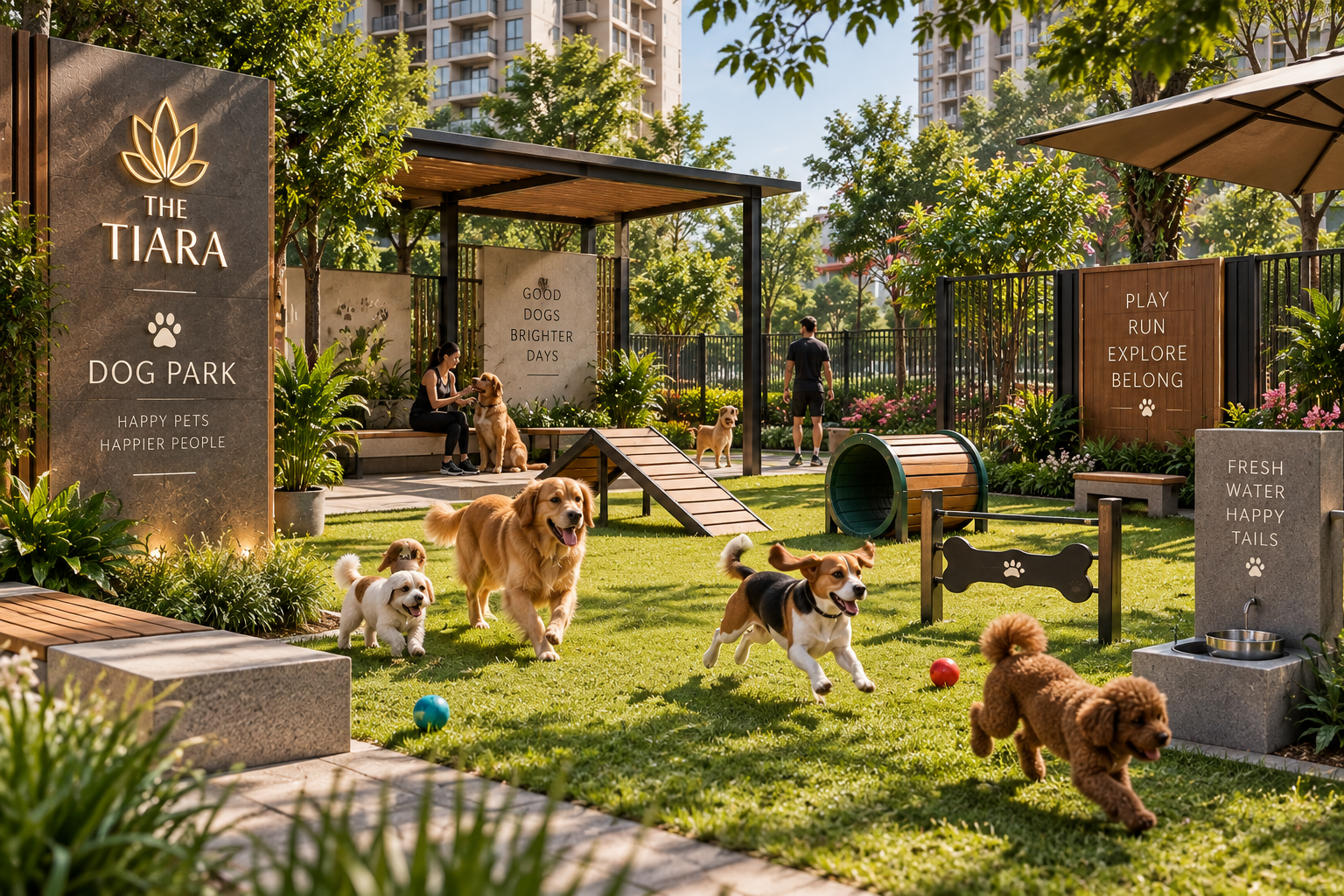 Dogs playing in a sunny, fenced dog park with signage reading 'The Tiara' and 'Dog Park' and people with dogs in the background.