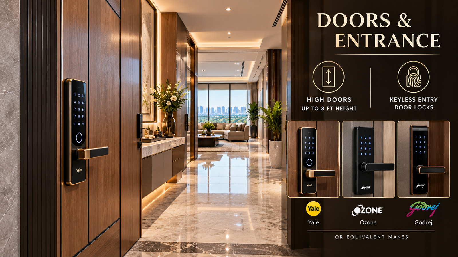 Luxurious hotel lobby with wooden doors and a prominent DOORS & ENTRANCE sign showing high doors and keyless entry locks.