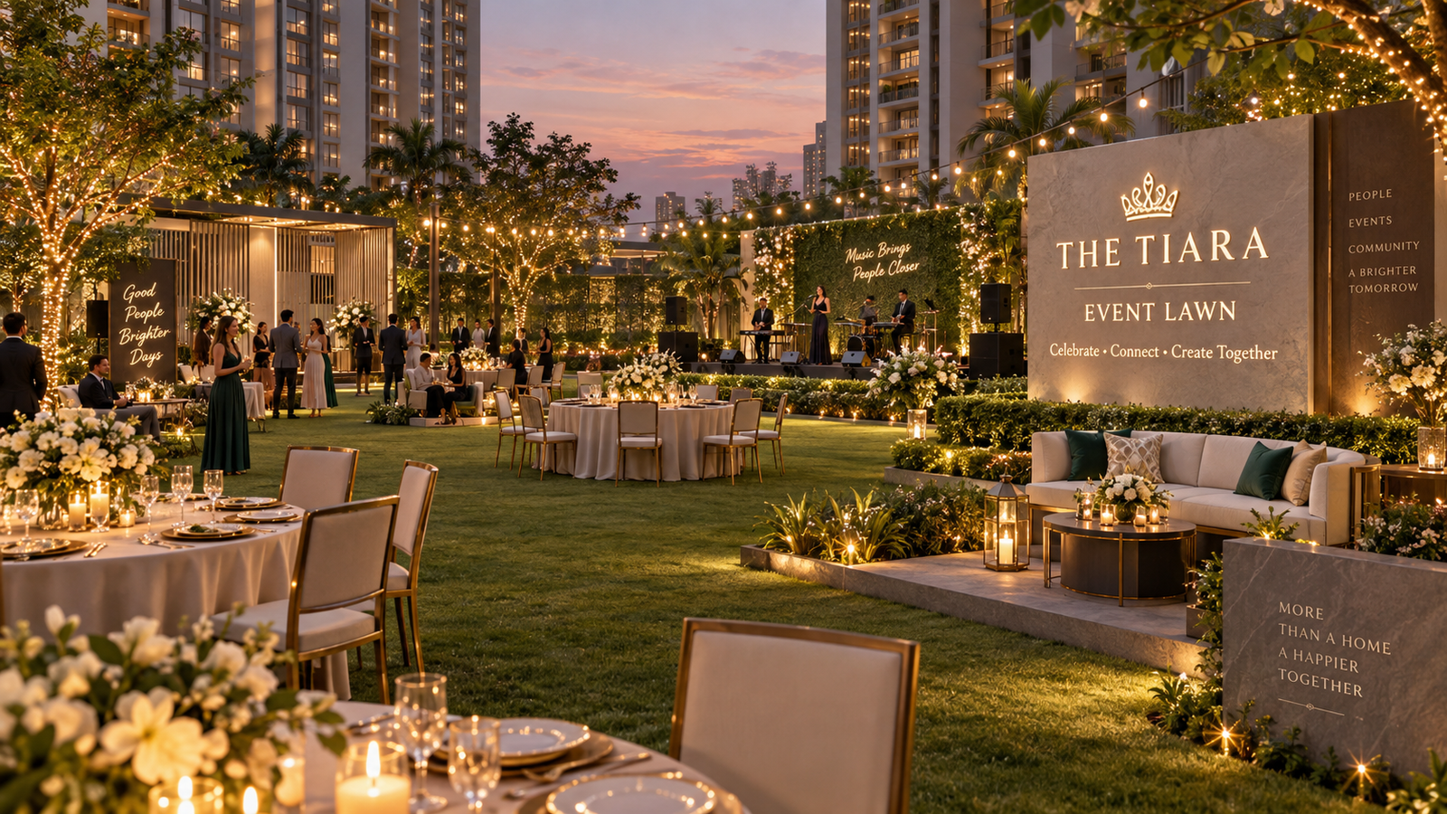 Elegant outdoor evening gala with string lights, round tables, and a live band on a stage labeled 'THE TIARA EVENT LAWN'