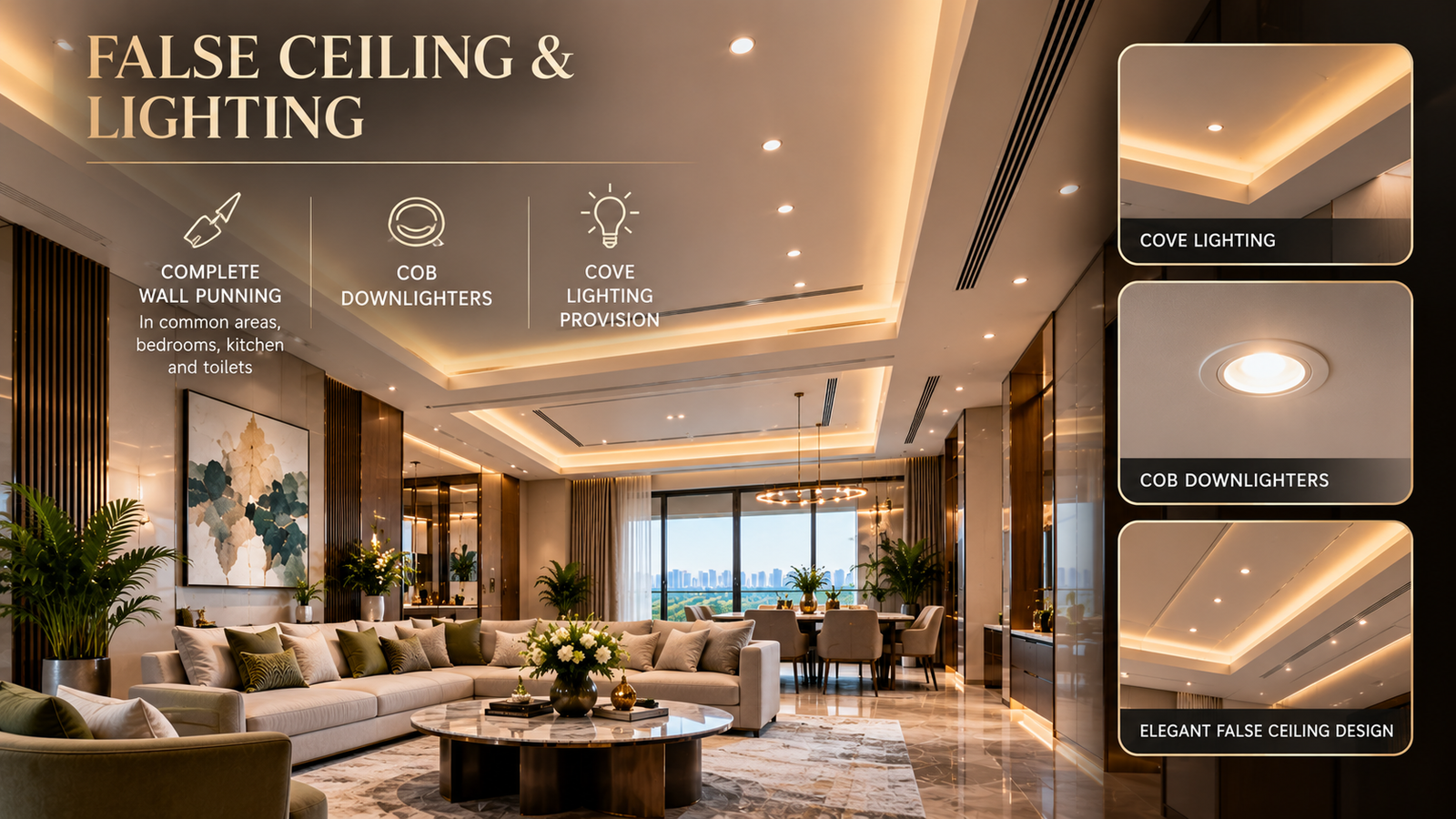 Luxurious living room with warm recessed ceiling lights, elegant furniture, and a city skyline view through large windows; right side shows lighting panels for Cove Lighting and related options.