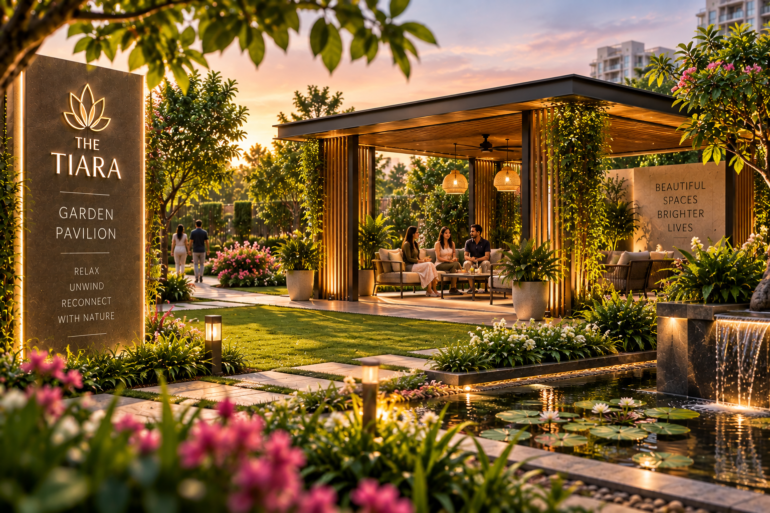 Outdoor garden pavilion at sunset with lounge seating and lush greenery surrounding a reflecting pool area.
