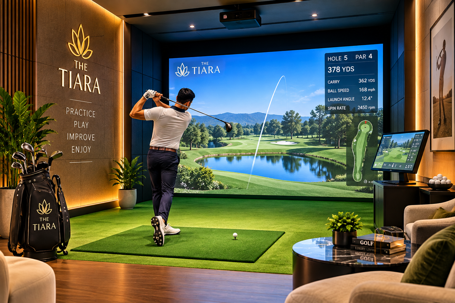 Man in a white polo swings a golf club on a synthetic green in an indoor golf simulator room, aiming at a large screen showing a lush course.