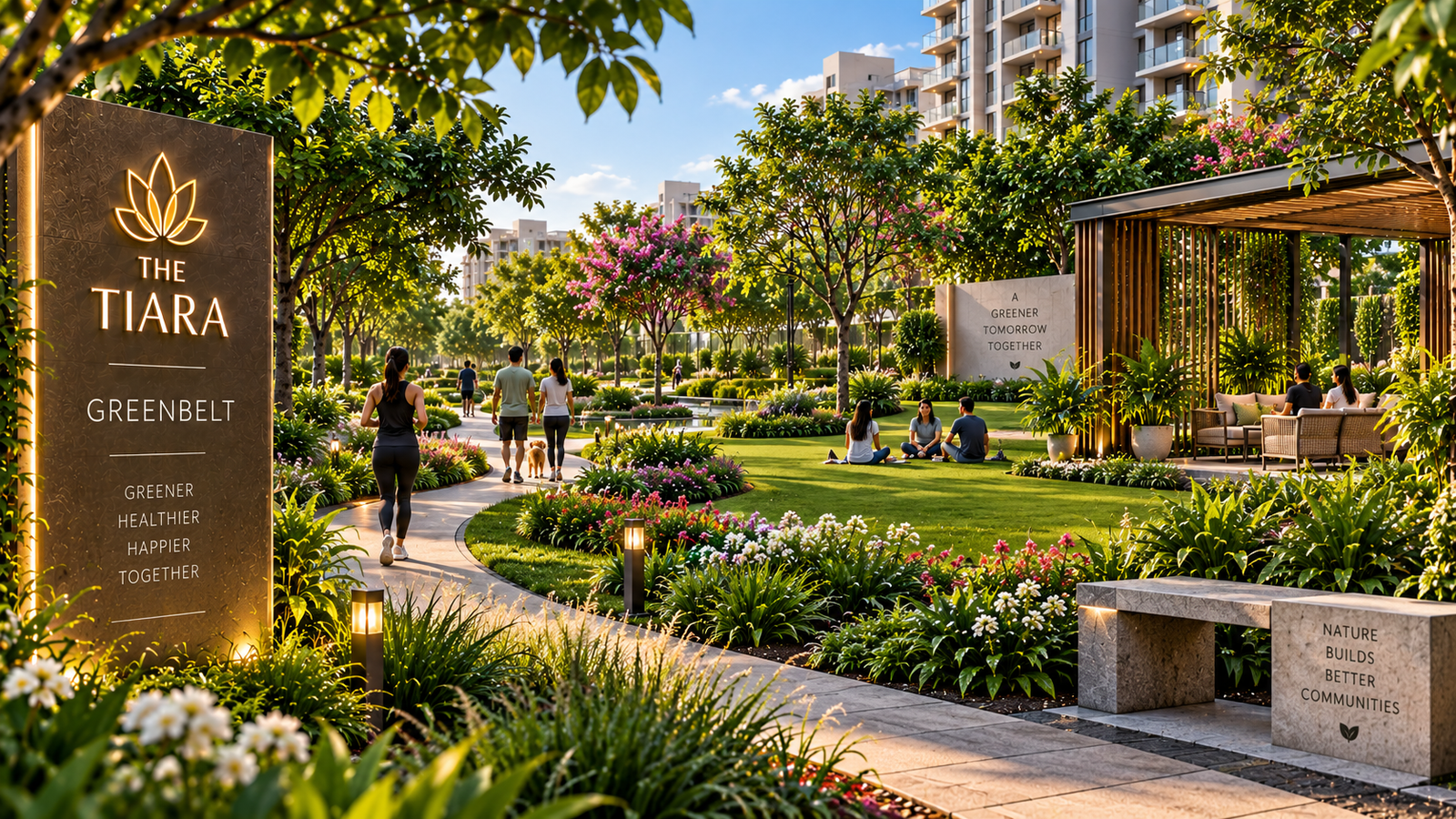 Sunlit, lush urban park with flower beds and a large stone sign reading 'The Tiara' and 'Greenbelt' as residents walk and jog along a curved path.