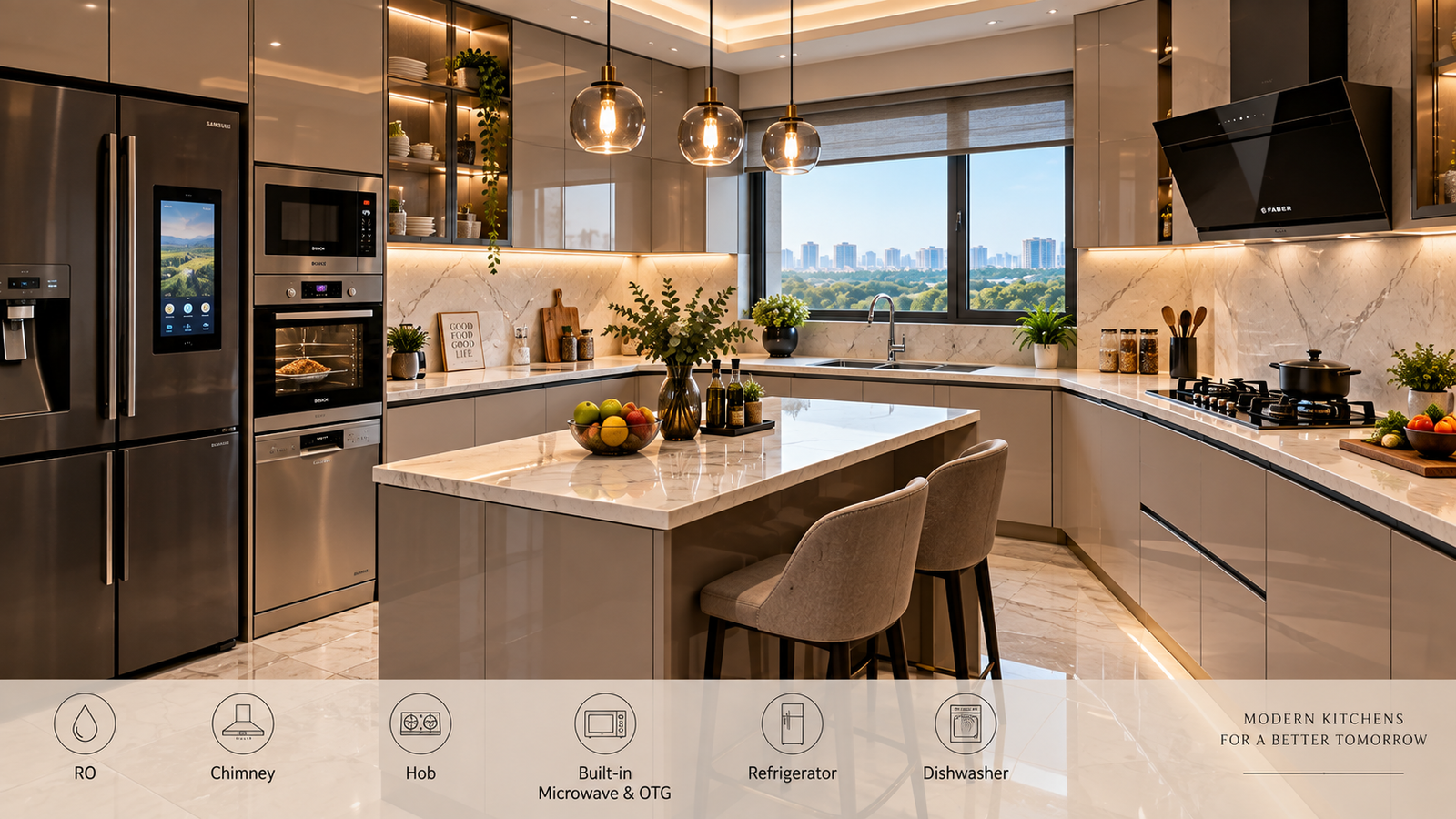 Modern grey kitchen with marble countertops, island seating, and large window overlooking a city skyline.