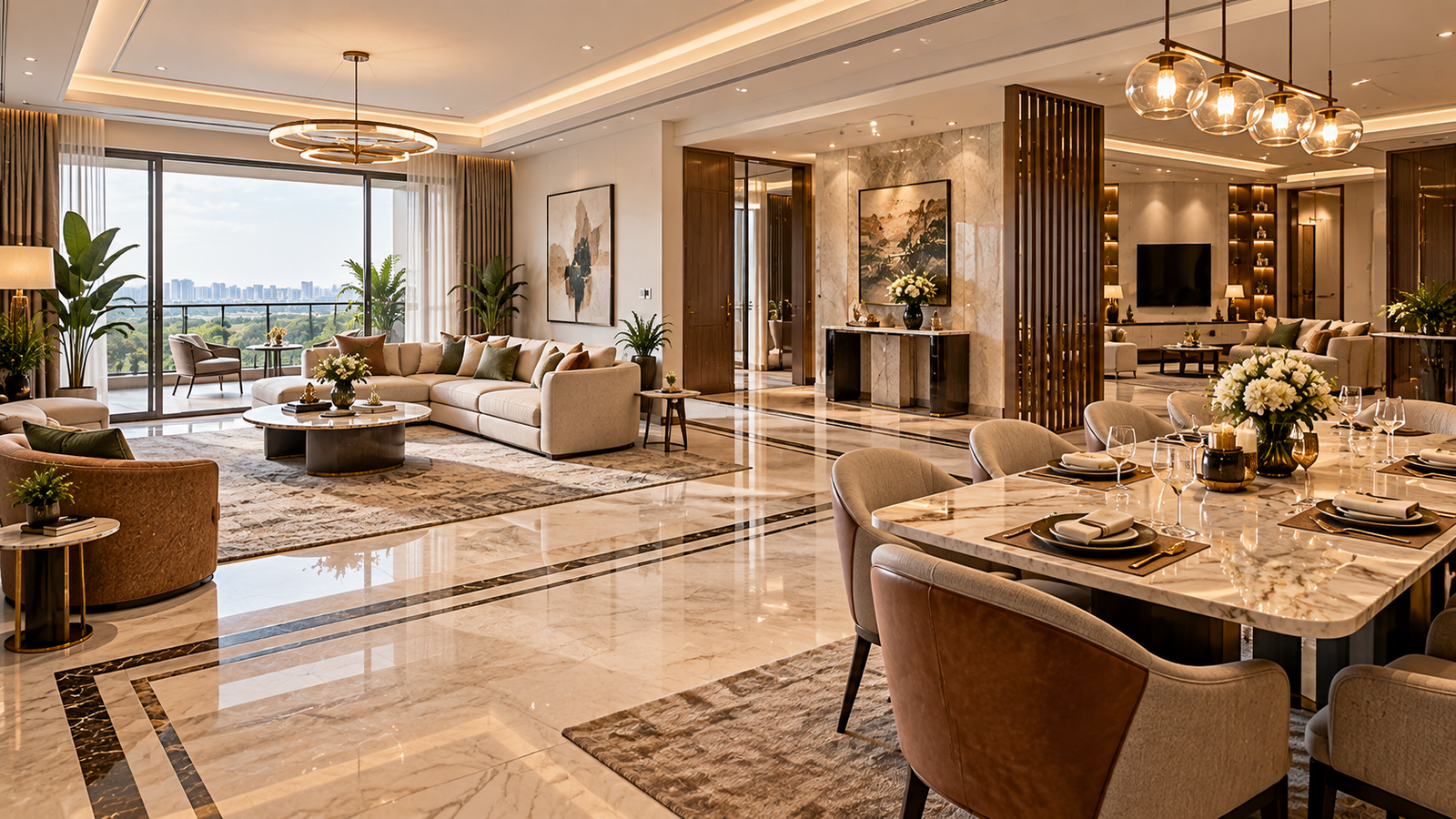 Luxurious open-plan living and dining area with marble floors, cream sofas, greenery, and a glass wall view of a distant cityscape and park.