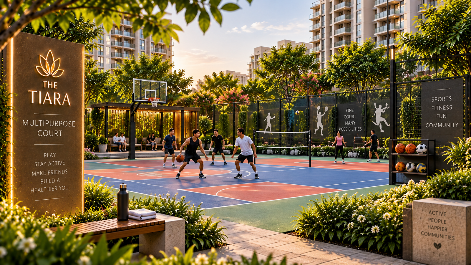 Outdoor community sports court scene with people playing basketball near a tall sign that reads The Tiara Multipurpose Court, surrounded by greenery and high-rise buildings.