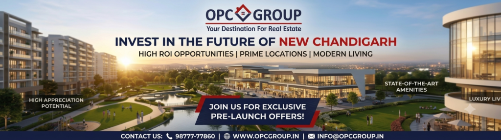 OPC Group real estate banner promoting new Chandigarh projects with modern buildings, a lake, and a sunset sky, text highlights included.