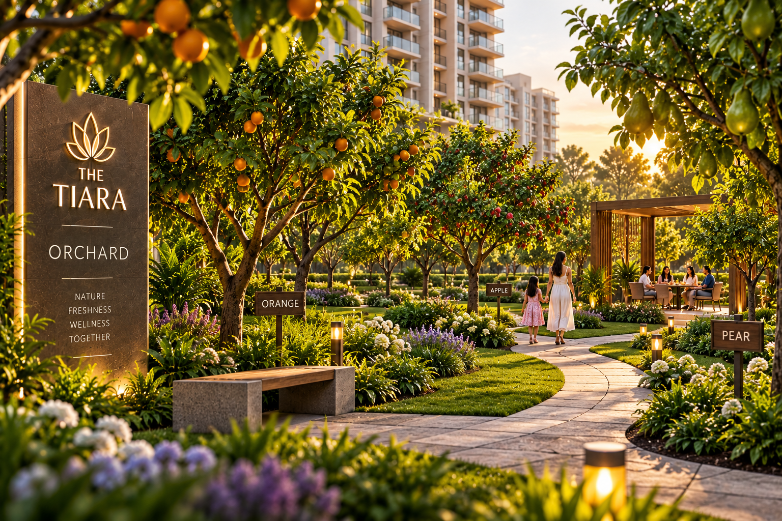 Sunlit orchard garden in a residential complex, with orange trees, a large stone sign reading 'The Tiara Orchard,' and a family walking along a curved path toward an outdoor seating area.