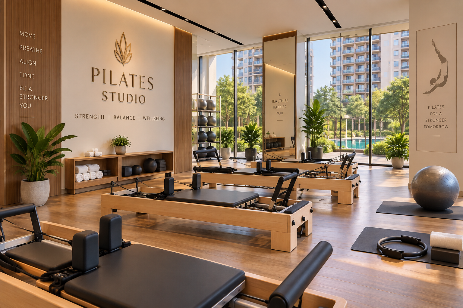 Bright Pilates studio with wooden reformers, mats, large windows, and greenery; wall signage reads 'PILATES STUDIO'.