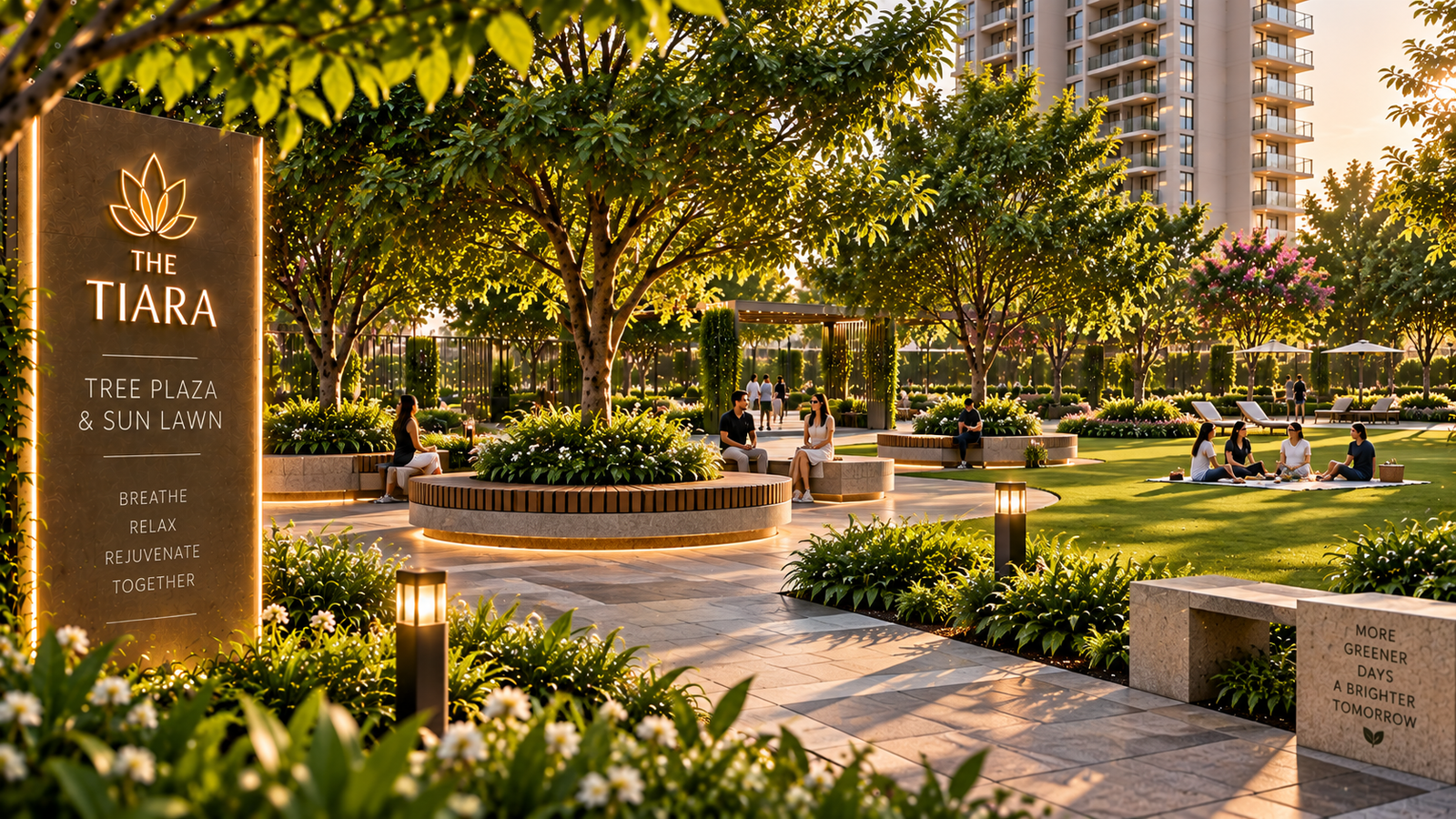 A landscaped communal plaza with trees, seating, and people relaxing on a sunny evening; prominent sign reads 'The Tiara' and 'Tree Plaza & Sun Lawn'.