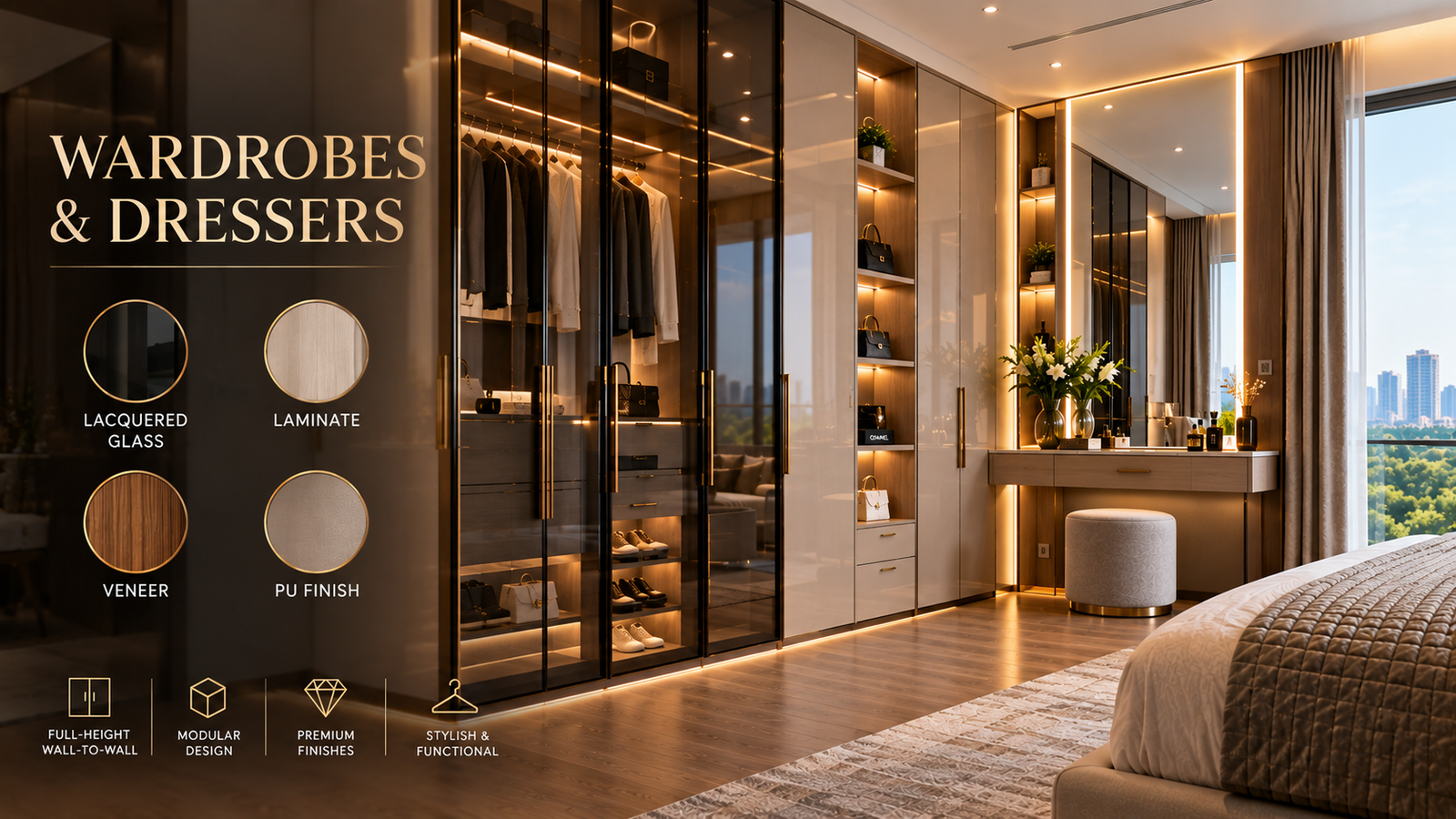 Luxurious walk-in wardrobe with glass wardrobes, gold accents, and a vanity area by a large window; promotional text reads 'Wardrobes & Dressers' with finish samples on the left.