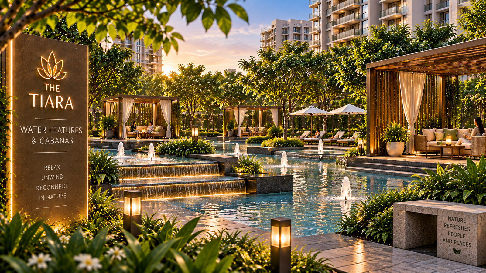 Luxurious pool scene with cascading steps, fountains, cabanas, and lounge seating at sunset in a garden oasis.