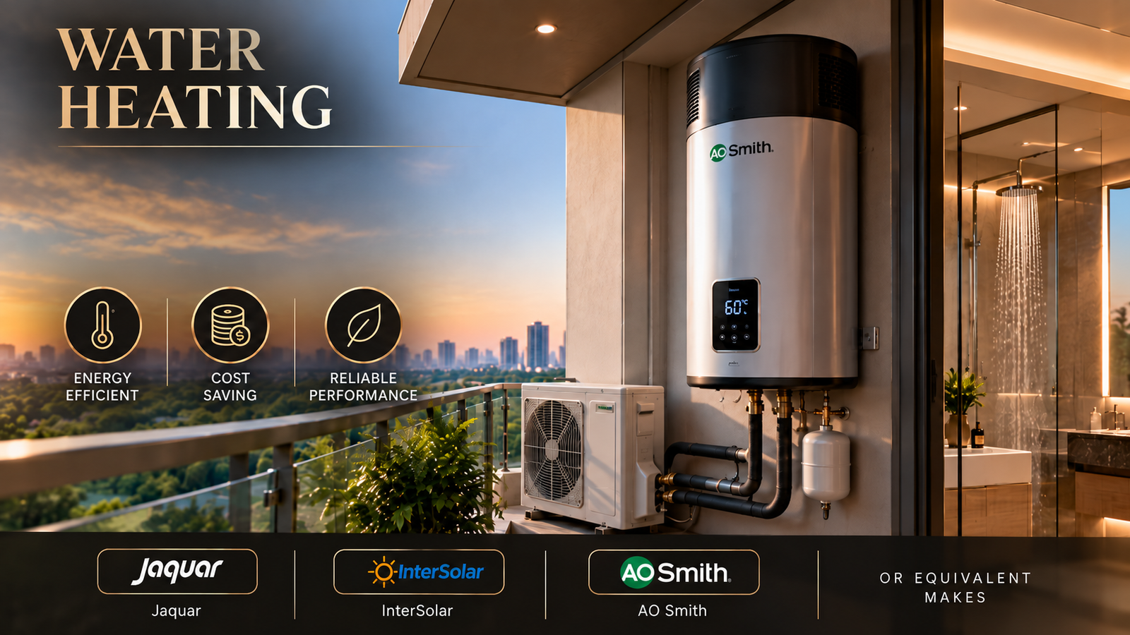 Banner ad for water heating solutions showing AO Smith unit on balcony with city view; highlights energy efficiency, cost savings, and reliable performance.