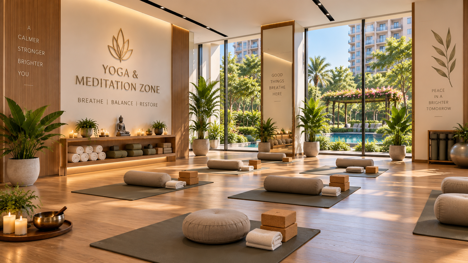 Quiet yoga studio with mats, cushions, and props ready for a session; plants and candles glow softly, large windows overlook a garden and pool.