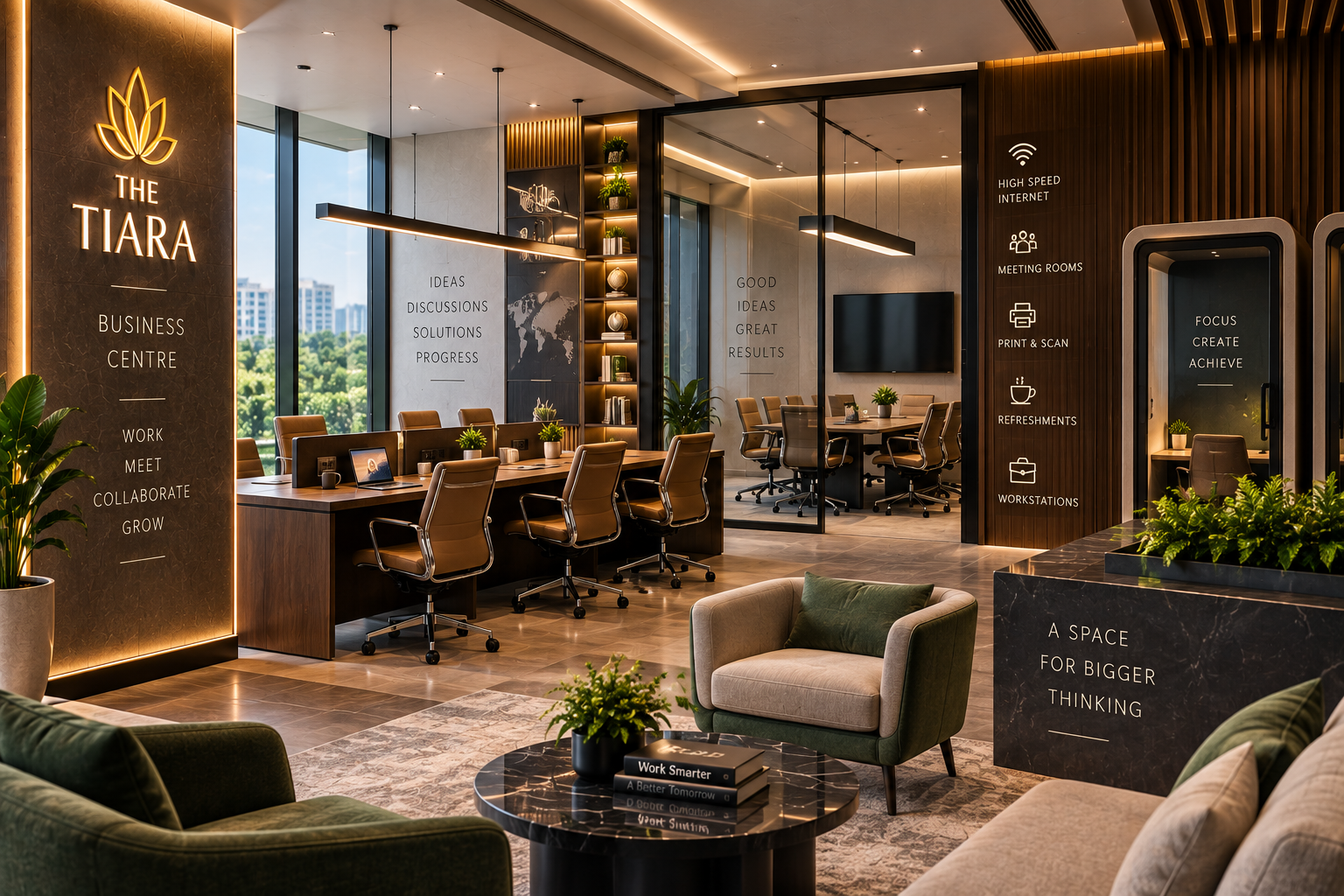Modern, upscale office lobby with a row of glass-walled meeting rooms, a long desk with offices chairs, and a lit sign saying THE TIARA BUSINESS CENTRE on marble paneling.