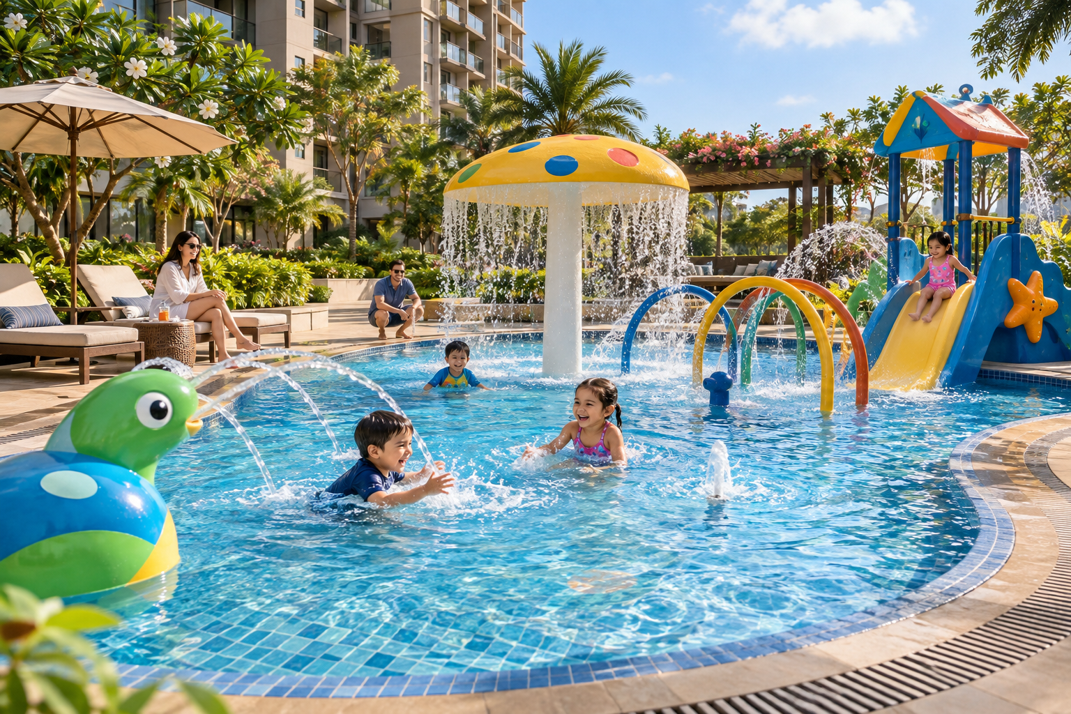 Children playing in a playful resort pool with a mushroom fountain and colorful slides under sunny skies