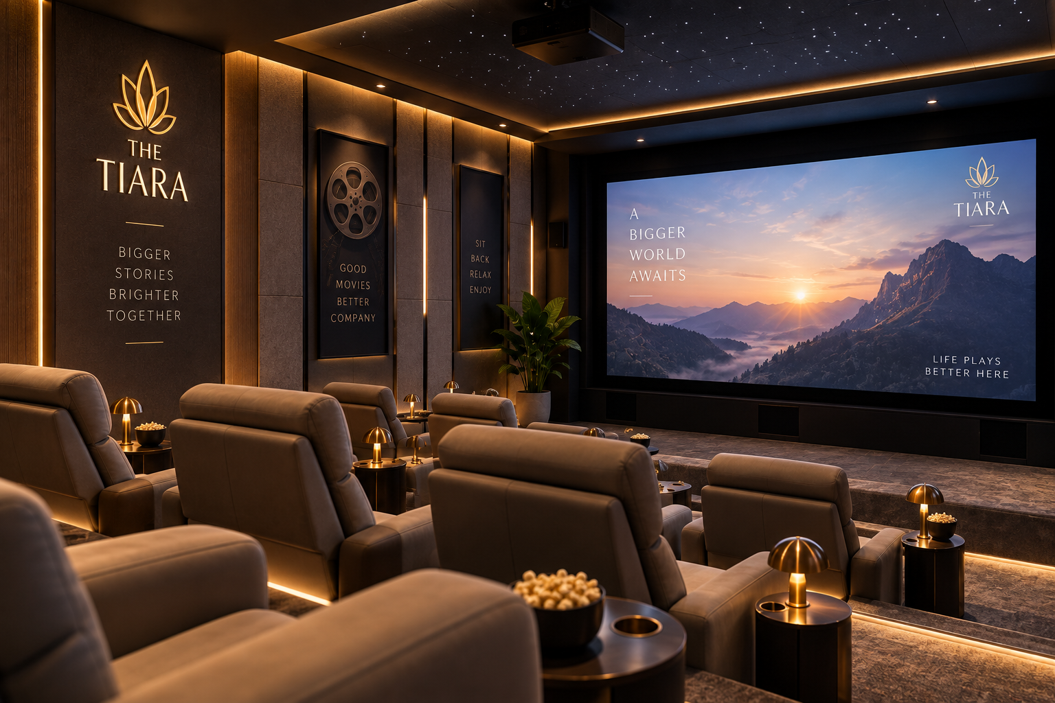 Luxurious private cinema with plush gray recliners, small side tables, and a large screen showing a mountain sunset.
