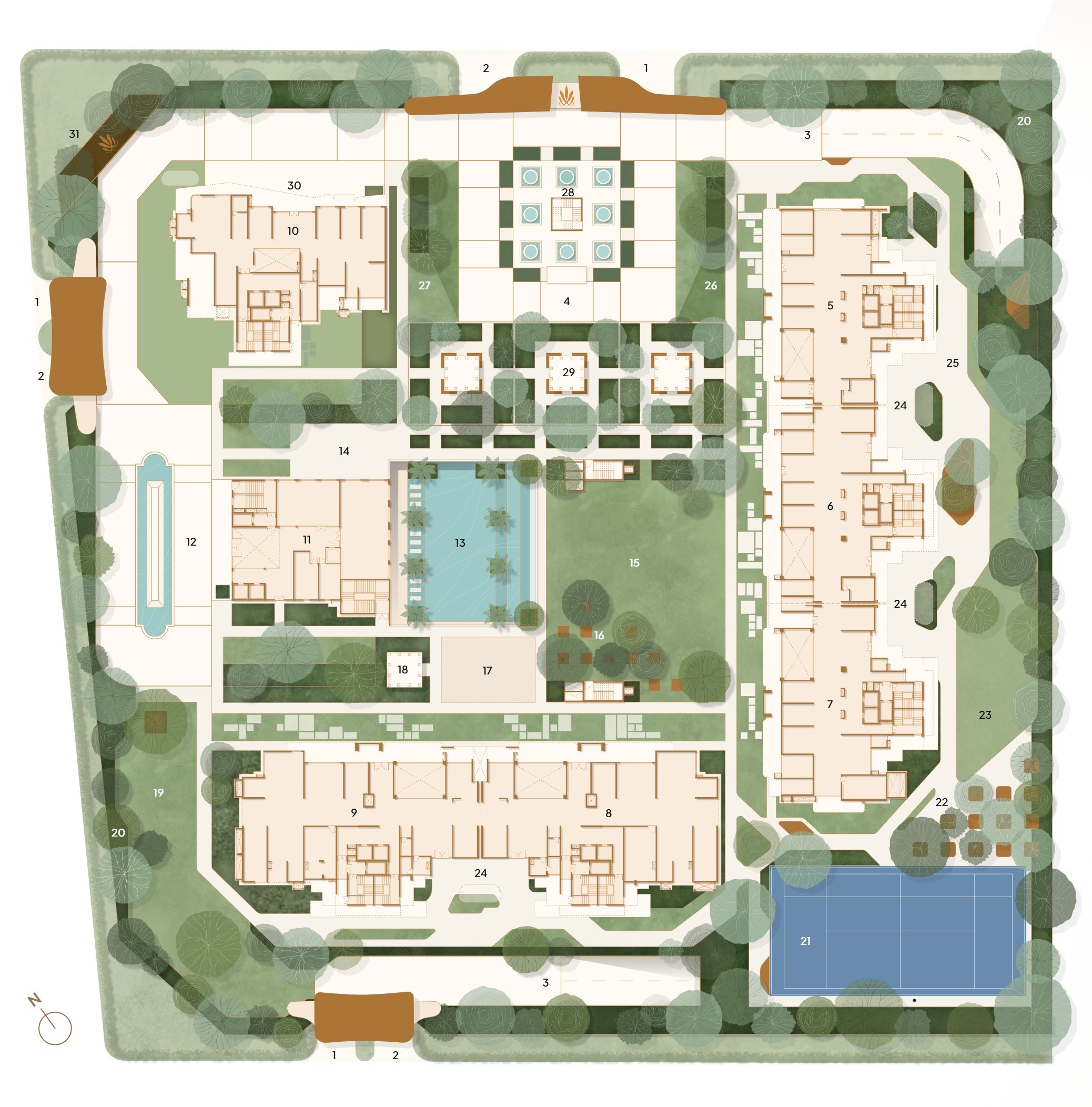 Detailed site plan of a campus with numbered buildings, roads, and surrounding trees and landscaping.