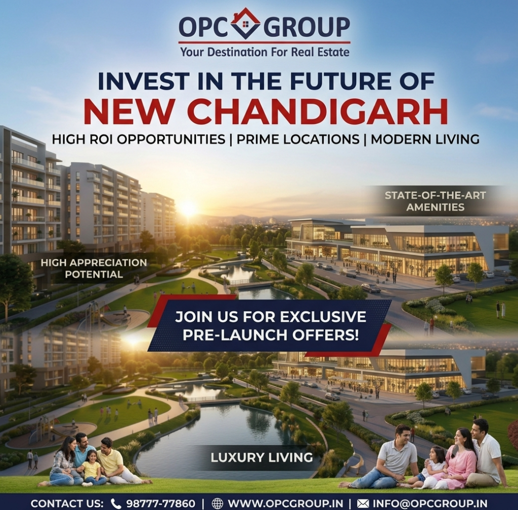 OPC Group real estate ad showing a modern residential complex with water features and a shopping plaza at sunset; text promotes pre-launch offers for New Chandigarh living.