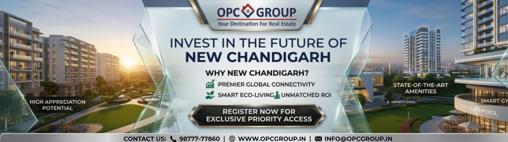 Banner ad for OPC Group real estate promoting investment in New Chandigarh with modern glass architecture and a bold 'Register now for exclusive priority access' call to action in the center.